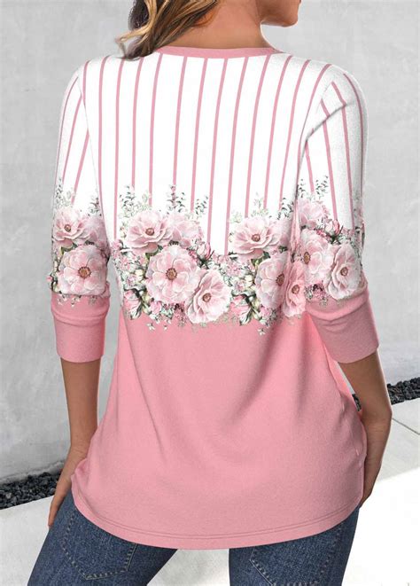 Floral Print Criss Cross Pink Long Sleeve T Shirt Rosewe USD 26 98