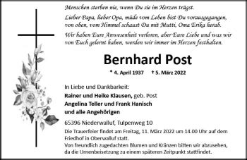 Traueranzeigen Von Bernhard Post Vrm Trauer De