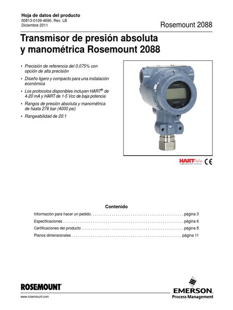 Transmisor De Presión Absoluta Y Manométrica Rosemount 2088 Pdf Aluminio Acero