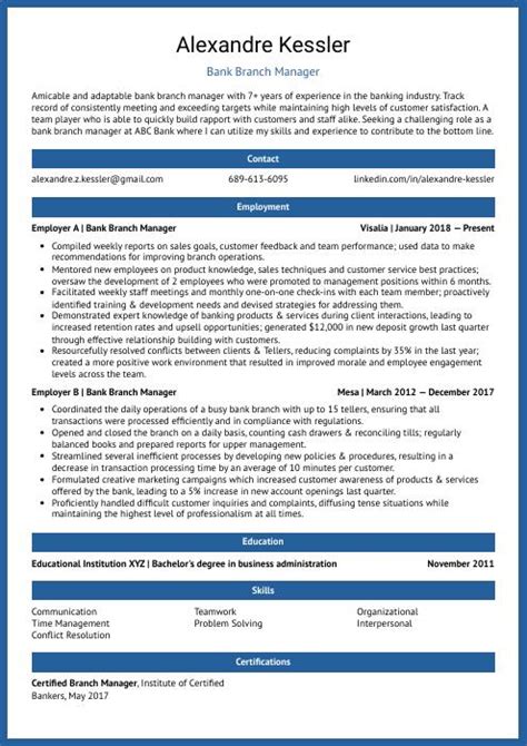 Bank Branch Manager Resume Cv Example And Writing Guide