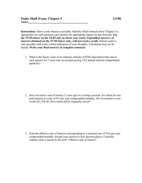 Finite Math Practice Exam For Chapter 5 With Solutions