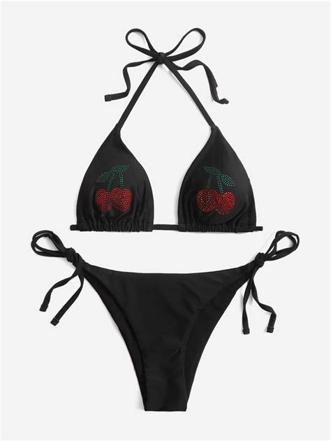 Sweetness X Gabiciamp Cherry Rhinestone Studded Halter Bikini Swimsuit