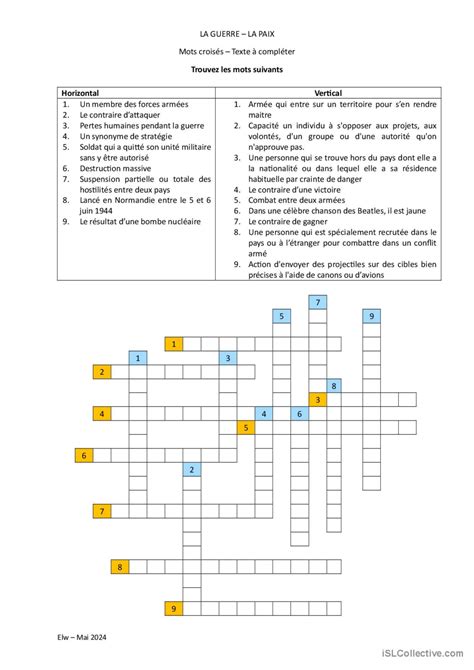 Mots Crois S La Guerre La Paix Tex Fran Ais Fle Fiches Pedagogiques