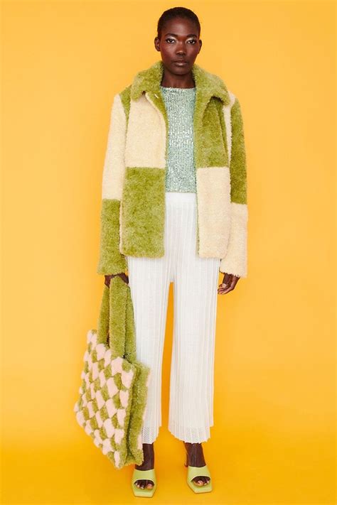 Green And Cream Faux Shearling Checkered Oversized Coat Oversized