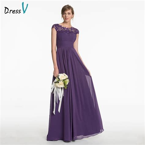 Dressv Purple Long Scoop Neck Bridesmaid Dress Cap Sleeves A Line Lace