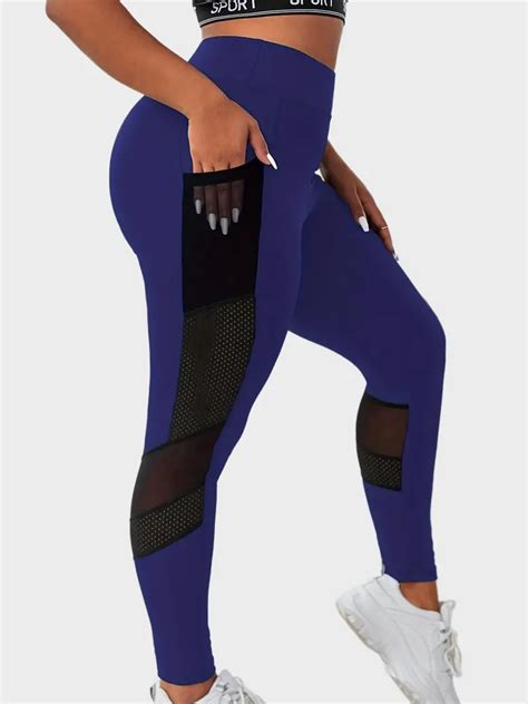 Plus Size Sports Leggings Womens Plus Solid Contrast Mesh High Rise Pipping Leggings With