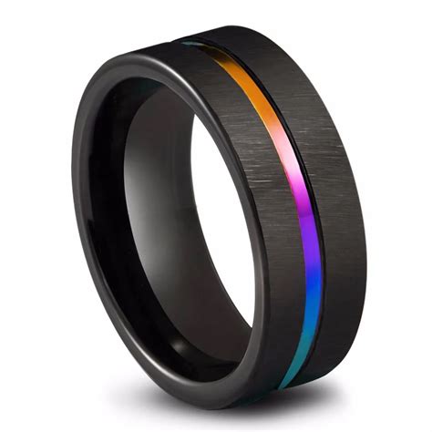 Promise Rings 8mm Black Tungsten Carbide Bands Rainbow Anodized Groove