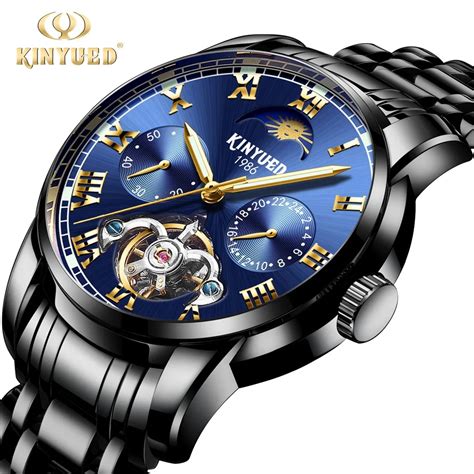 Kinyued Skeleton Tourbillon Mechanical Watch Automatic Men Classic Blue