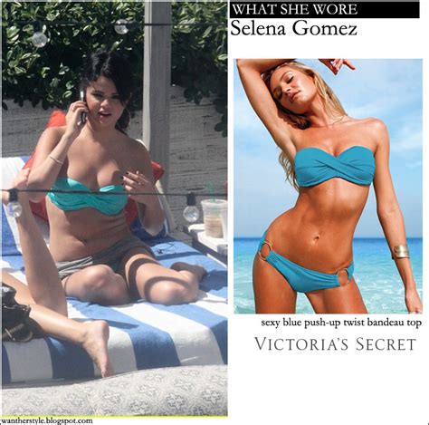 WHAT SHE WORE Selena Gomez In Aqua Push Up Twist Bandeau Bikini Top