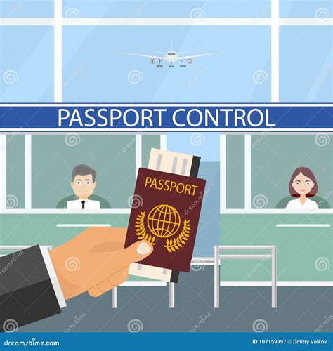 Control De Pasaportes En El Aeropuerto La Mano Estira El Pasaporte Al Control De Pasaportes