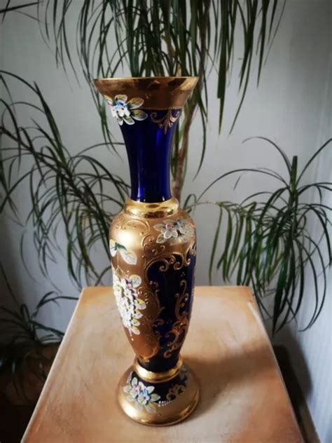 GRAND VASE BLEU Emaille Motifs Floraux Avec Relief Et Dorure Verre De