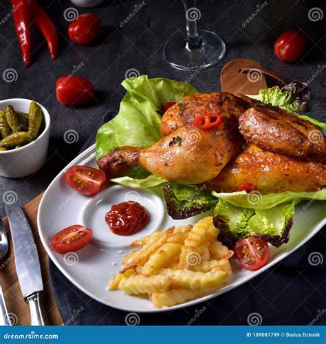 Fried Chicken With Chips And Salad Stock Image Image Of Dining Ketchup 109081799