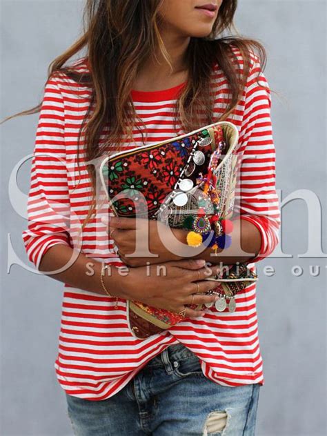 Red White Long Sleeve Striped T Shirt Red Stripes Top Mixed Prints