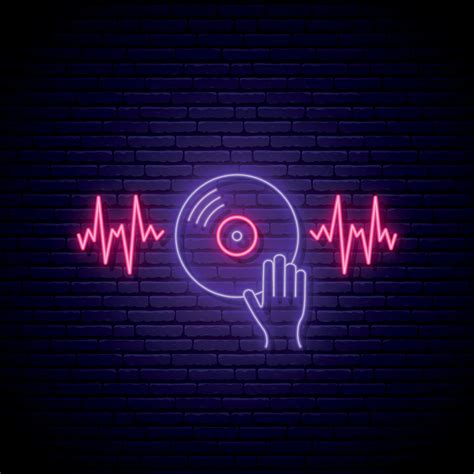 Neon Vinyl Sign Glowing Illustration With Sound Waves Dj Hand On Vinyl Sound Mixer Dj Music