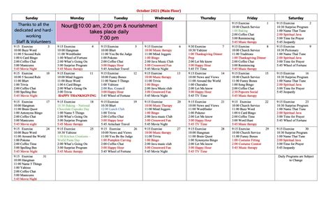 Activity Calendar October 2021 Kiwanis Care Centre