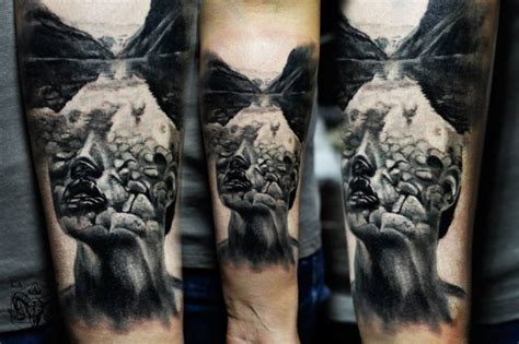 Surrealism Style Colored Forearm Tattoo Of Mystical Portrait Tattooimages