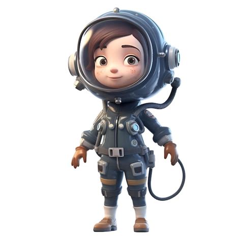 Renderización en 3D de una linda astronauta de dibujos animados aislada