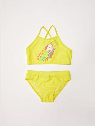 Sari Esnek Kumaştan Baskılı Kız Çocuk Bikini S21887Z4 JTM LCW