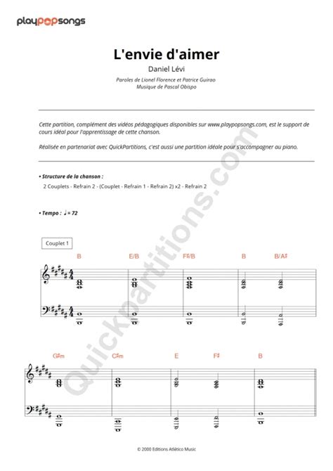 Partition Piano L Envie D Aimer Playpopsongs Partition Digitale