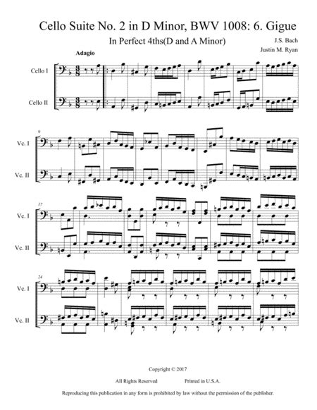 Cello Suite No 2 BWV 1008 6 Gigue Arr Justin M Ryan By J S