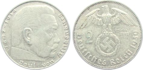 Drittes Reich 2 Reichsmark 1939 J Hindenburg VF MA Shops