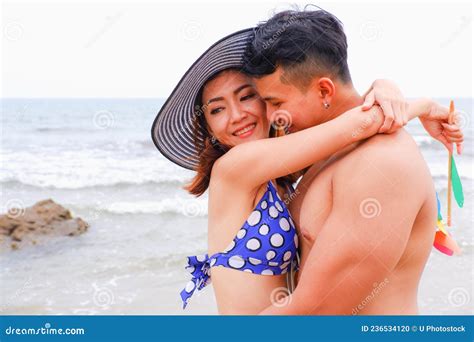 Portrait Couple In Love Bikini On The Beach Happy Life On Summer Season Stock Photo Image Of