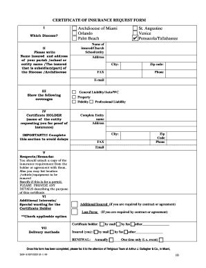 Fillable Online Ptdiocese Certificate Of Insurance Request Bformb