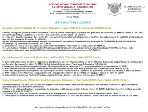 Académie de Chirurgie : Lettre mensuelle Novembre 2018 – Fédération de