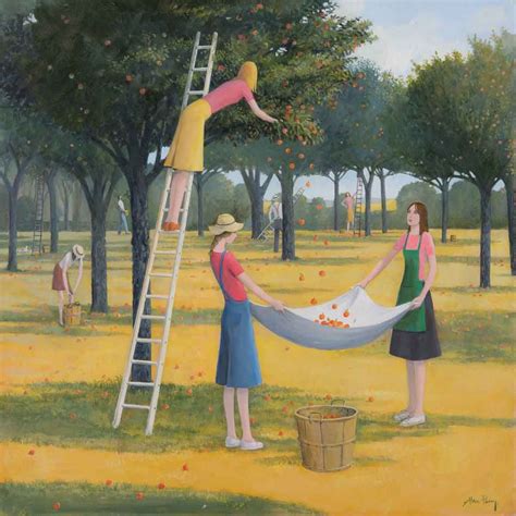 An Oil Painting Of Two Women Picking Apples From A Tree While Another