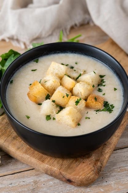 Sopa De Coliflor En Un Bol Sobre Una Mesa De Madera Foto Gratis