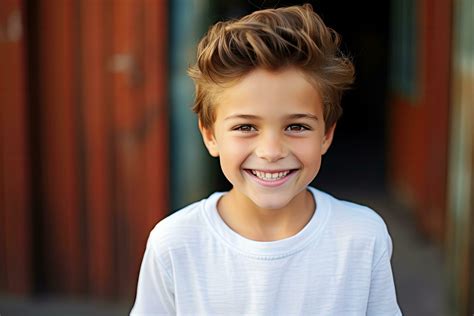 Portrait of a smiling little boy in a white t-shirt, perfect kids smile ...