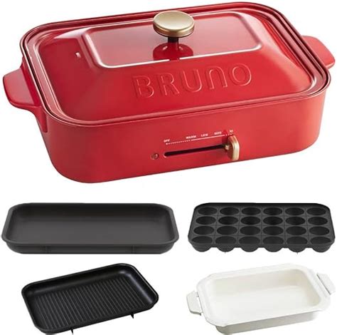 Bruno Compact Hot Plate Takoyaki Plate Ceramic Coated Pot Grill Plate 4 Piece Set Red