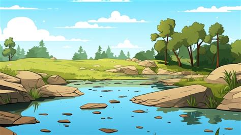 Premium AI Image | Cartoon Wetland River Rocks And Tall Grasses Nature ...