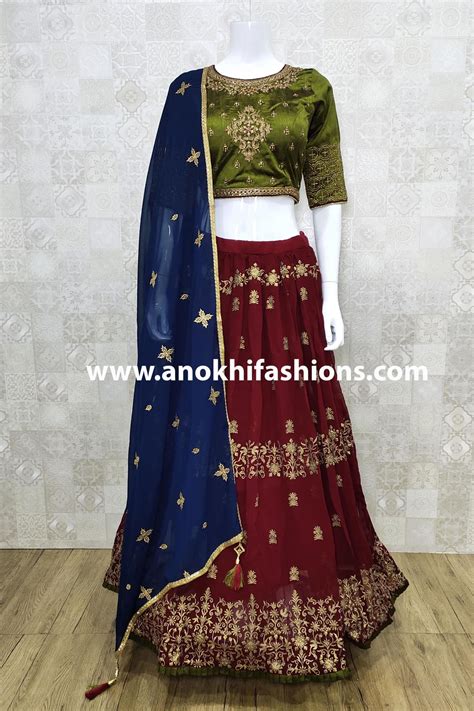 Mehndi And Maroon Color Combination Lehenga Choli With Dupatta