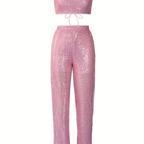 Pink Sequined Two Piece Set Crop Tube Top Elastic Waist Pants 2pcs