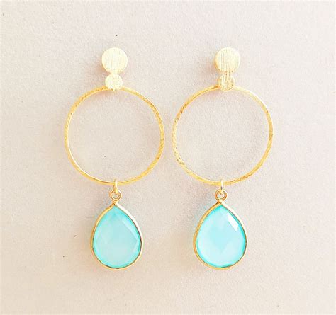 Aqua Chalcedon Ohrringe Gold Mit Kreis Anh Nger Ohrstecker Silber