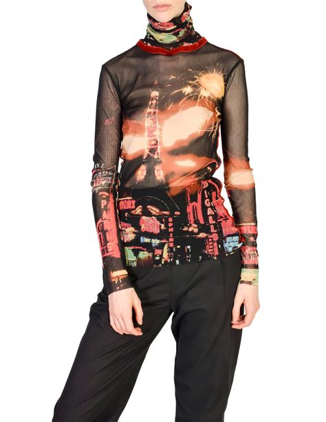 Jean Paul Gaultier Vintage Iconic Sheer Mesh Paris Print Turtleneck Sh