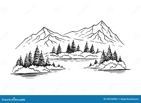 Mountain With Pine Trees And Lake Landscape Hand Drawn Illustration