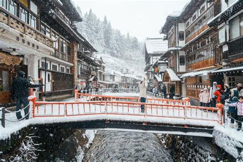 Beautiful Ginzan Onsen With Snow Fall In Winter Season Is Most Famous Japanese Hot Spring In