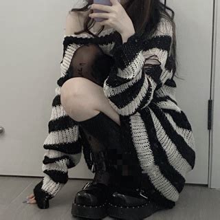 Karrcat Punk Gothic Long Sweater Women Dark Aesthetic Striped Pullovers