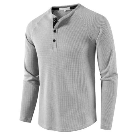 Mens Waffle Knit Henley Thermal Top Thick Long Sleeve Undershirt Button