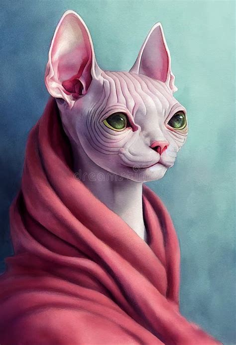 Watercolor Portrait Of Cute Sphynx Cat Stock Illustration