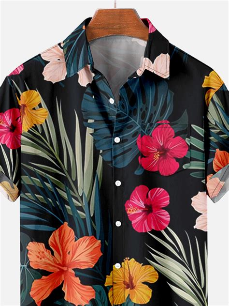 Mens Tropical Floral Print Casual Breathable Chest Pocket Short Sleeve