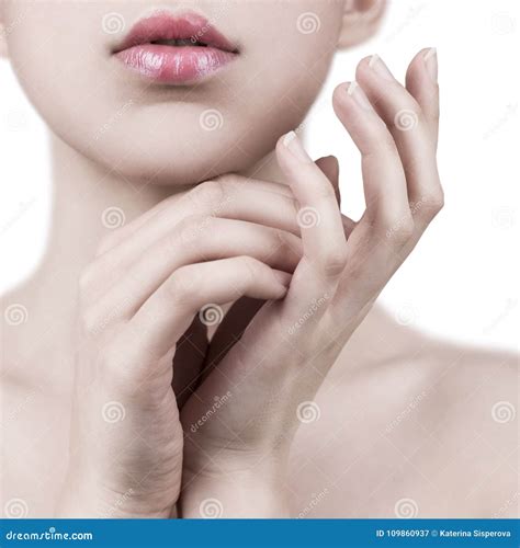 Close Up Of Attractive Young Woman Gently Touching Her Face With Stock