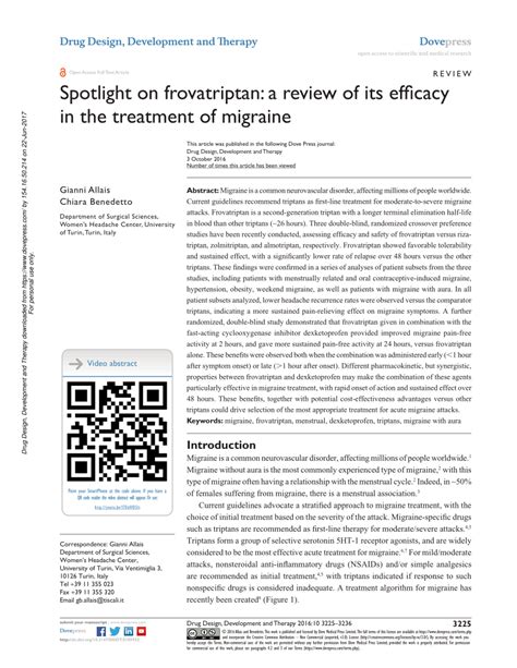 Pdf Spotlight On Frovatriptan A Review Of Its Efficacy In The