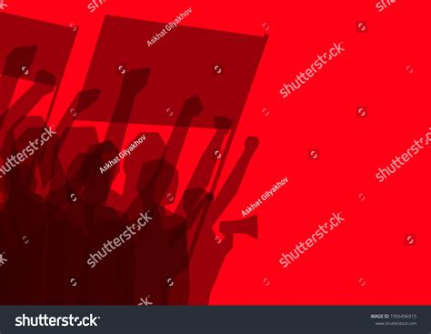 Silhouette Crowd Protest People Flags Loudspeakers Stock Vector