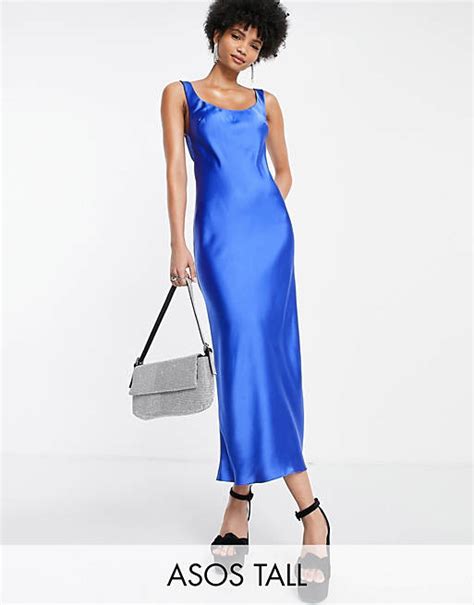 Asos Design Tall Scoop Neck Midi Satin Slip Dress In Cobalt Blue Asos