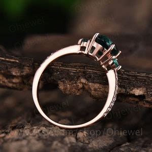 Three Stone Emerald Engagement Ring Rose Gold 14K 18K May Birthstone