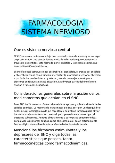 Tarea 6 Farmacologia Que Es Sistema Nervioso Central El SNC Es Una