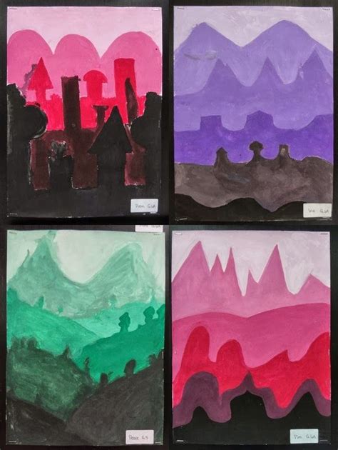 four different colored paintings with mountains and buildings in the background, each painted on ...